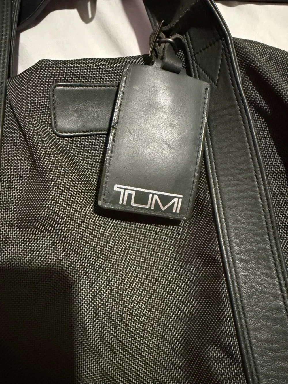 Tumi green Nylon Travel Duffel Weekender Bag with Leather Trim and ID Tag